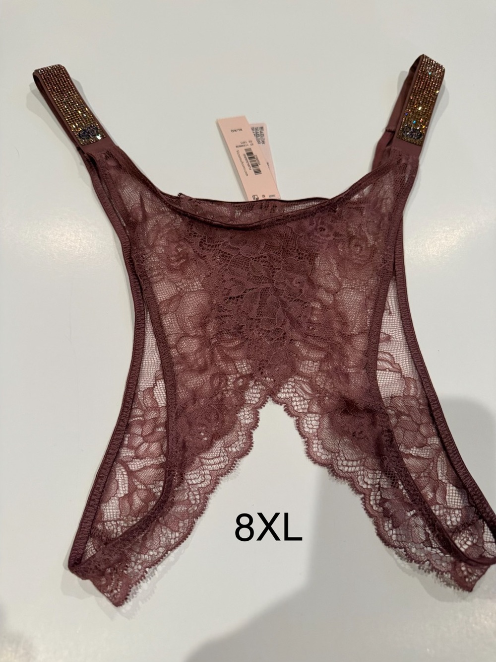 Lace Crotchless Panty with Rhinestone Straps  - Soft Brown